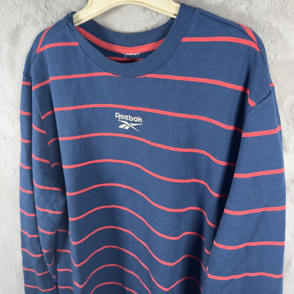 Reebok Mens Striped Crewneck Sweatshirt Navy Blue Red Logo Pullover XL